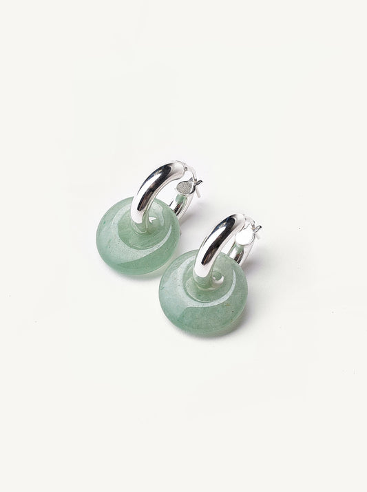 SILVER HOOPS WITH GREEN STONE